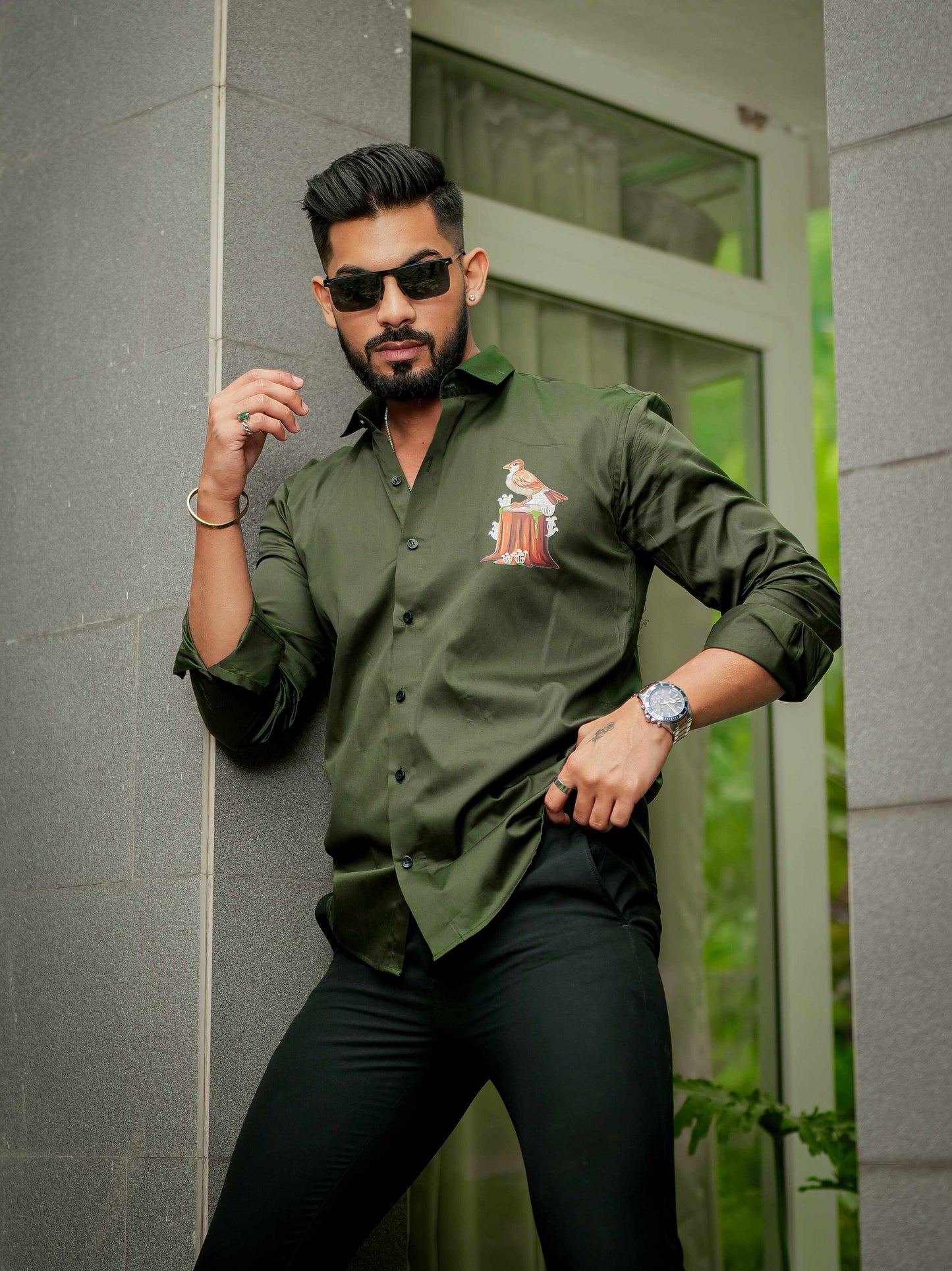 Olive Designer Giza Satin Cotton Shirt