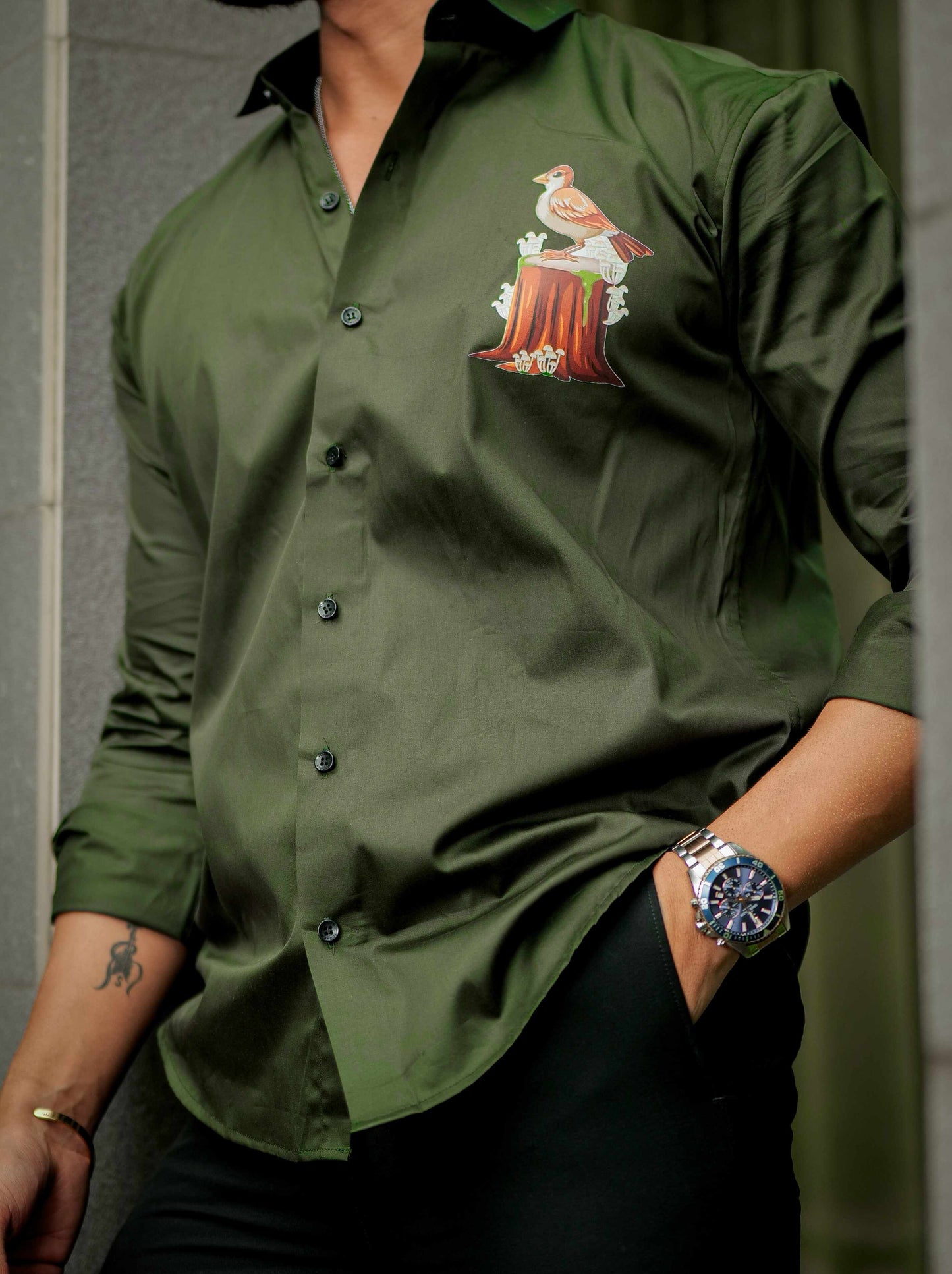 Olive Designer Giza Satin Cotton Shirt