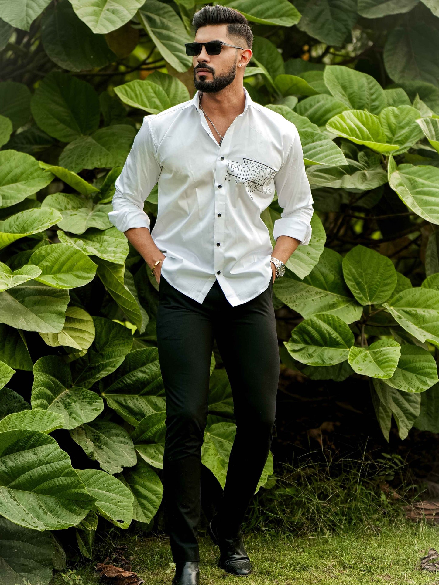 White Club Wear Printed Satin Cotton Shirt