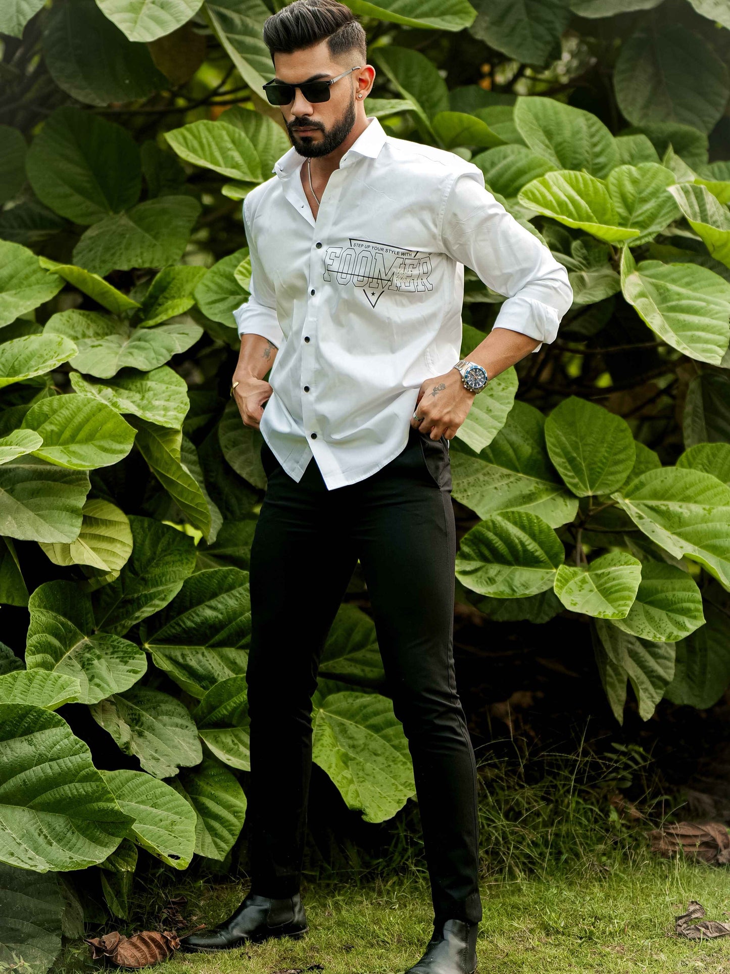 White Club Wear Printed Satin Cotton Shirt