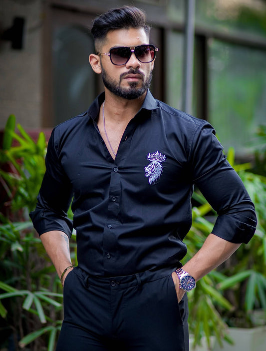 Crown With Lion Embroidered Black Premium Designer Shirt