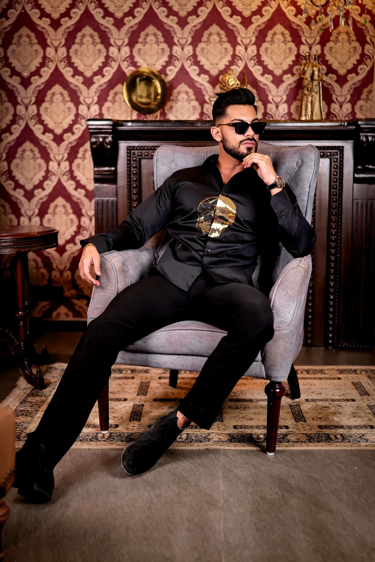 Black Horror Sequin Club Wear Satin Cotton Party Shirt