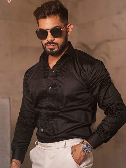 Black Subtle Sheen Tuxedo Premium Giza Satin Cotton Shirt