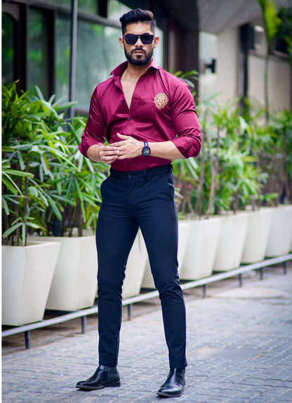 Maroon  Golden Embroidered Mufasa Luxury Shirt For Men's