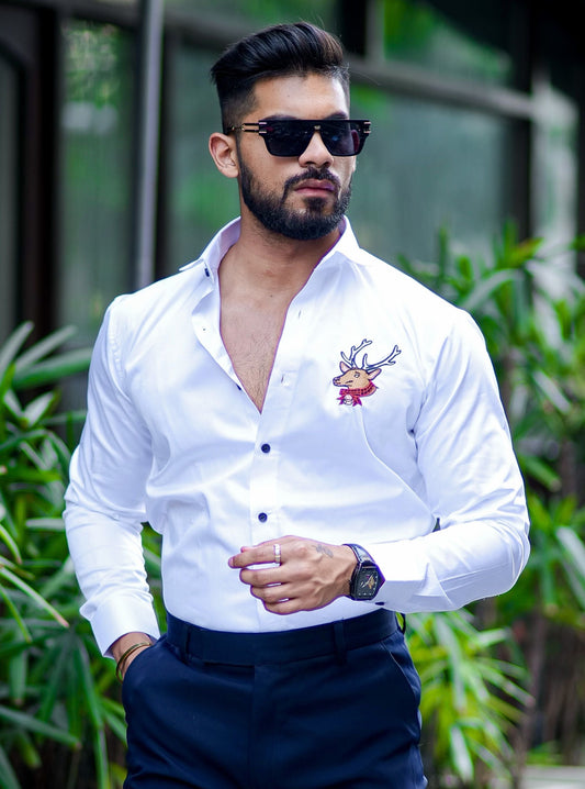 White Subtle Sheen Deer Embroidered Luxury Premium Satin Cotton Shirt