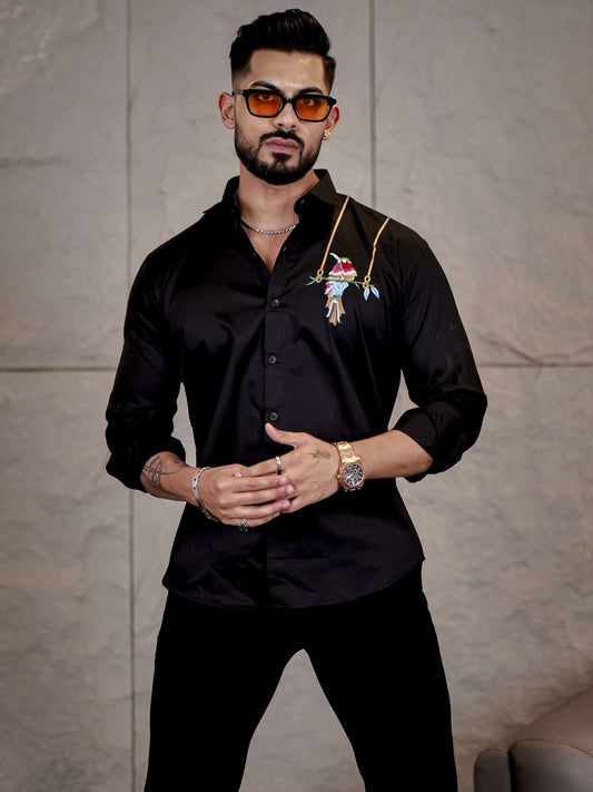 Black Bird Embroidered Premium Cotton Shirt For Men