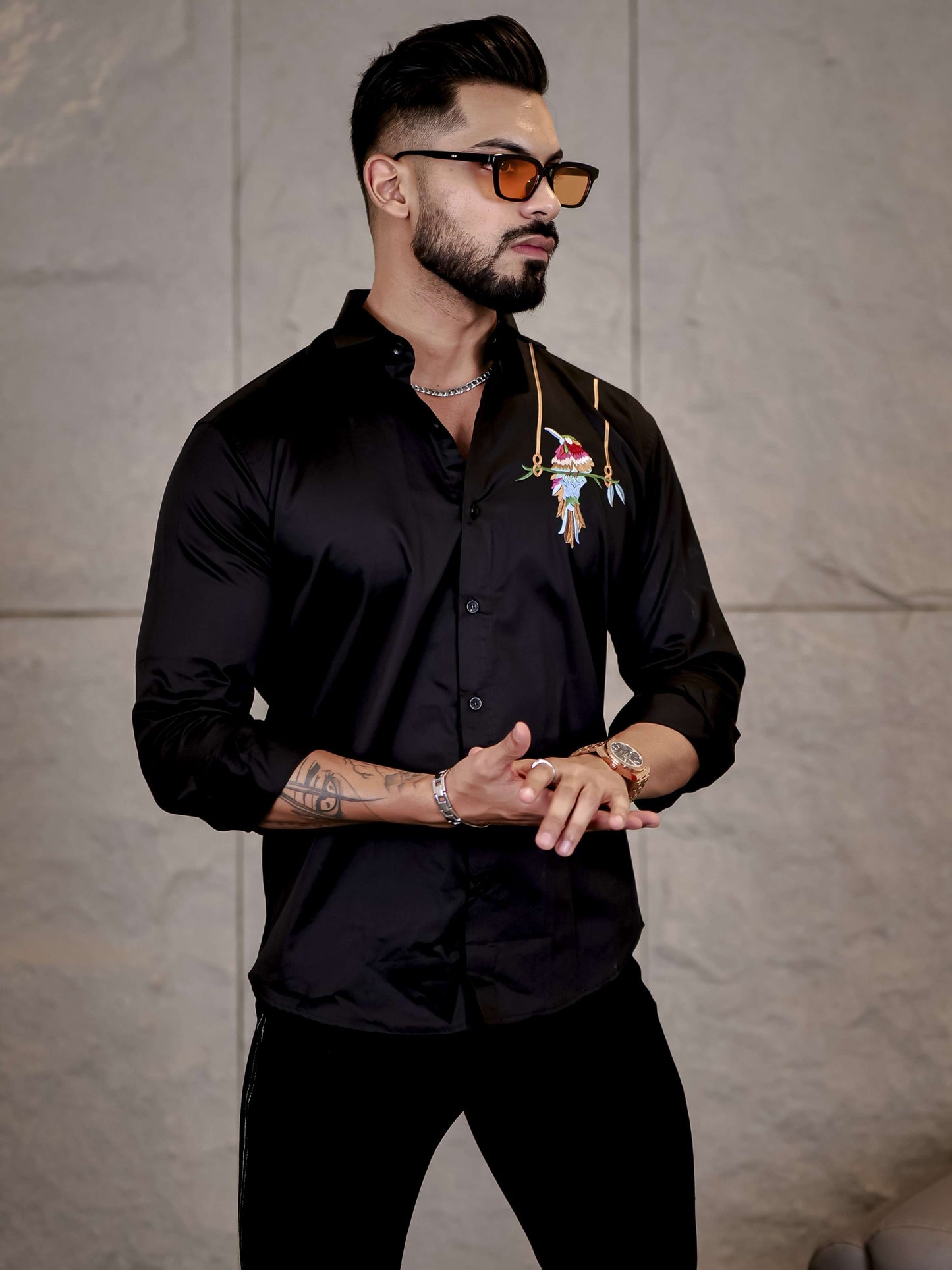 Black Bird Embroidered Premium Cotton Shirt For Men