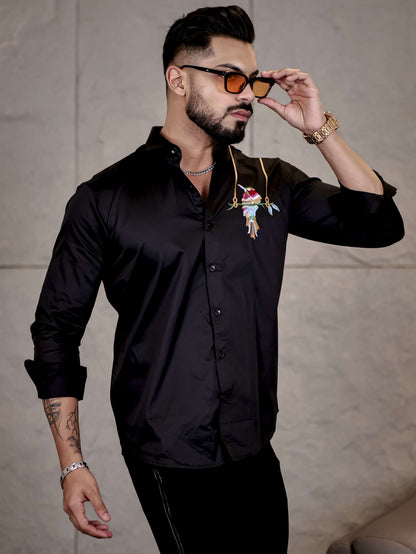 Black Bird Embroidered Premium Cotton Shirt For Men