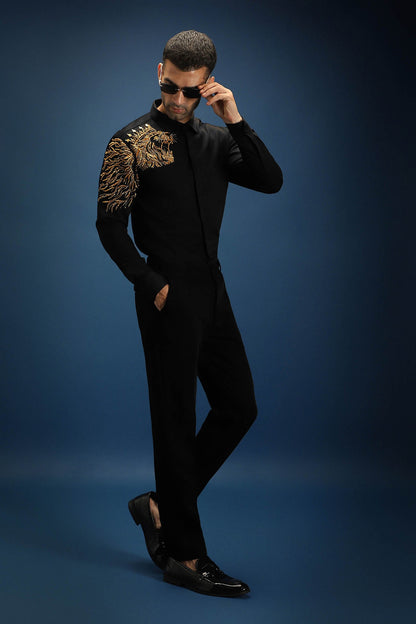 Narasimha (Lion) Hand Embroidered Designer Shirt - Black