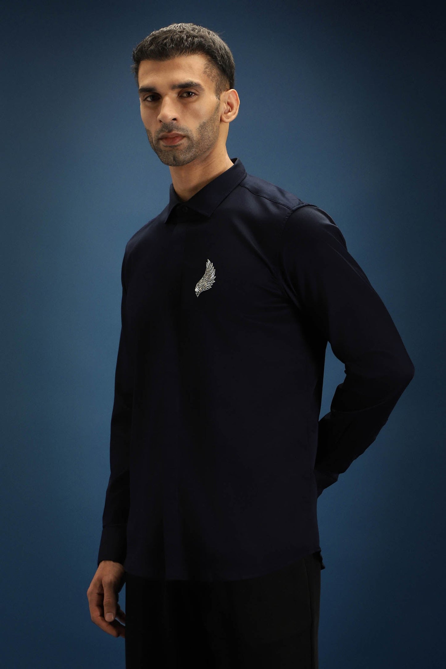 Feather(Wings) Hand Embroidered Designer Shirt - Navy