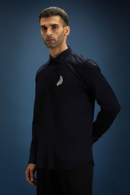 Feather(Wings) Hand Embroidered Designer Shirt - Navy