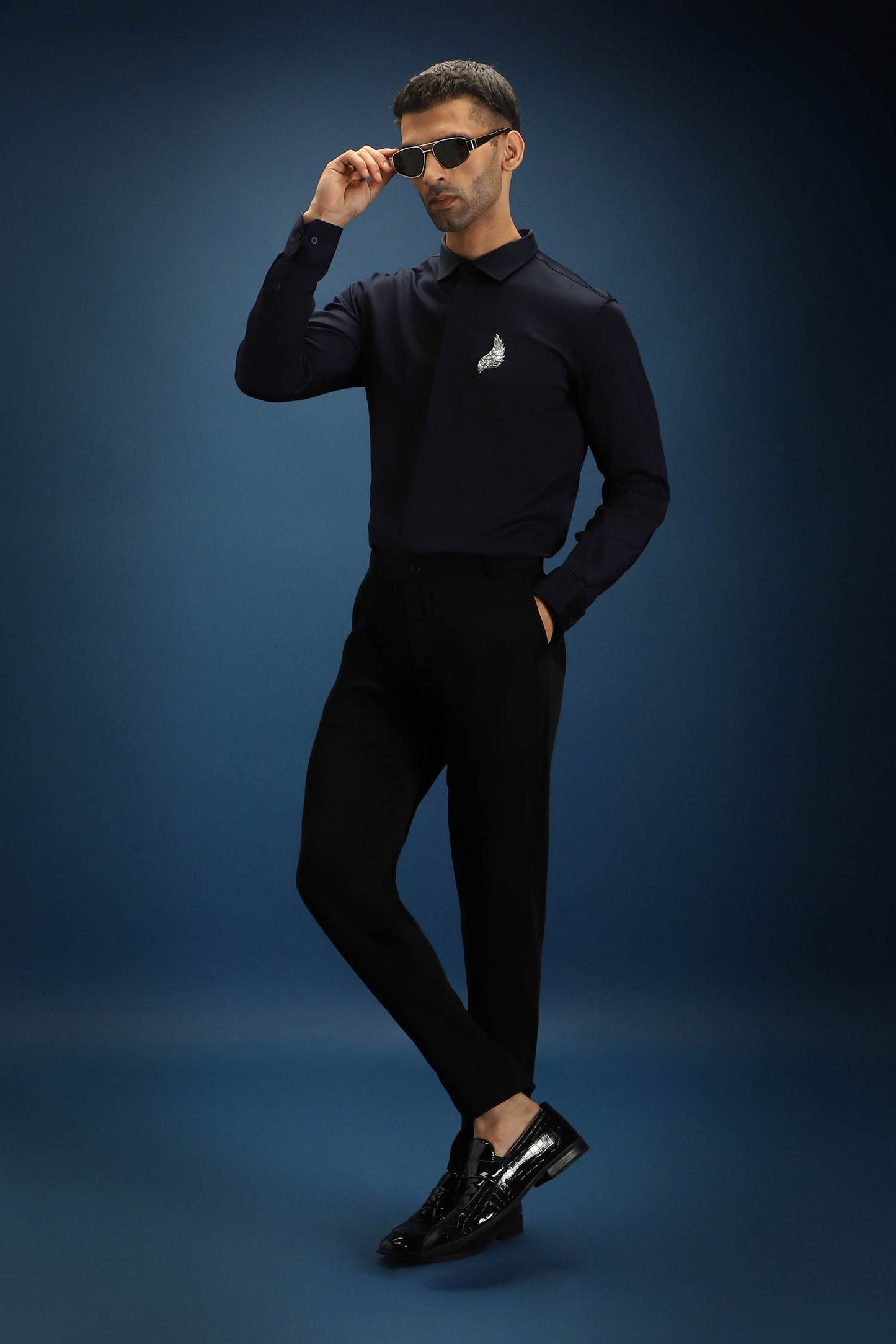 Feather(Wings) Hand Embroidered Designer Shirt - Navy