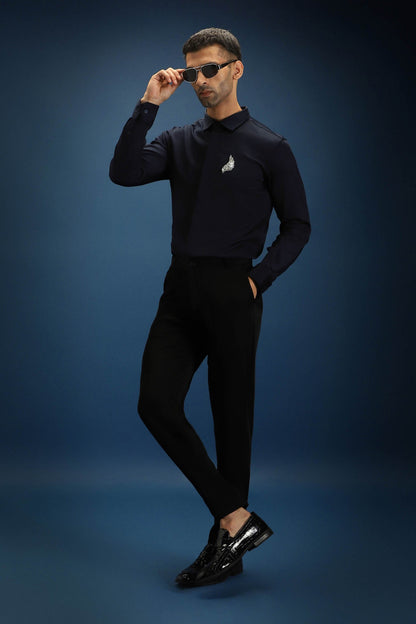 Feather(Wings) Hand Embroidered Designer Shirt - Navy