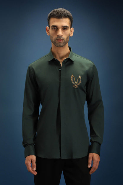 OWL- Hand Embroidered Designer Shirt- Bottle green