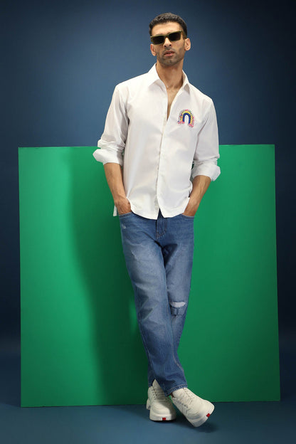 Rainbow Hand Embroidered Designer Shirt - White