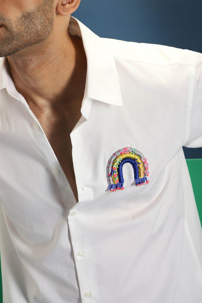 Rainbow Hand Embroidered Designer Shirt - White