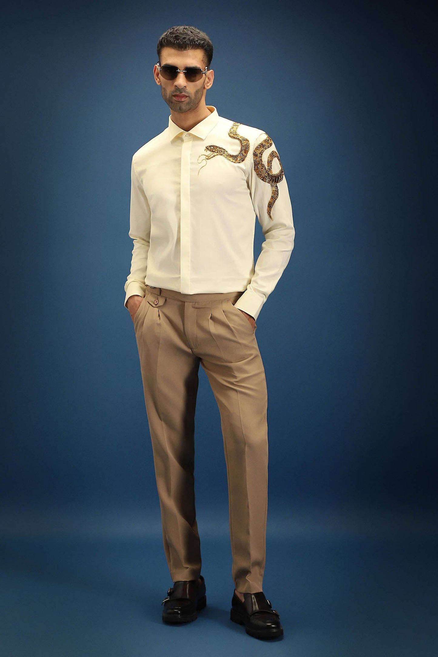 Viper(Snake) - Hand Embroidered Designer Shirt - Ivory