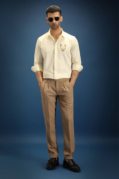 OWL Hand Embroidered Designer Shirt- Ivory
