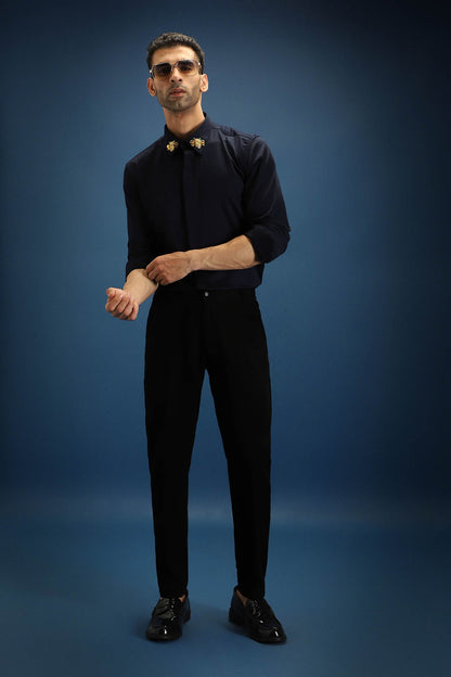 Collar Bumblebee Hand Embroidered Designer Shirt - Navy