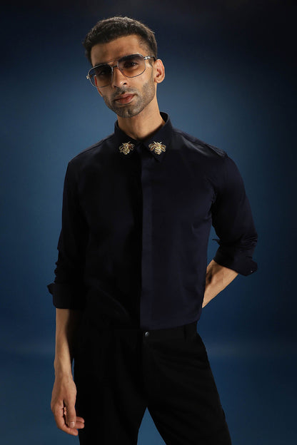 Collar Bumblebee Hand Embroidered Designer Shirt - Navy