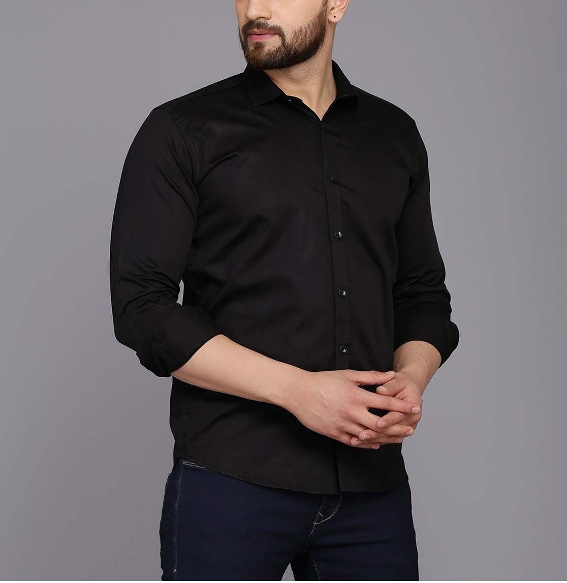 Black Plain Cotton Solid Shirt