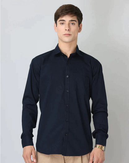 Plain Cotton Blend Solid Shirts (Navy Blue)